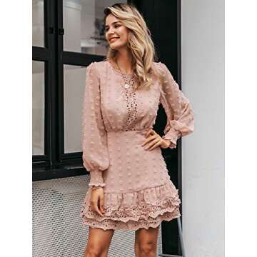 Miessial Women's Long Sleeve Chiffon Lace Mini Dress Cute Ruffle Short Swing Dress (8, Nude Pink)