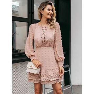 Miessial Women's Long Sleeve Chiffon Lace Mini Dress Cute Ruffle Short Swing Dress (8, Nude Pink)
