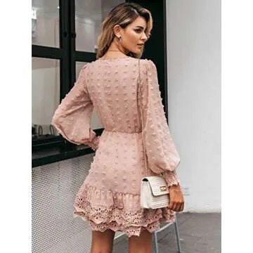 Miessial Women's Long Sleeve Chiffon Lace Mini Dress Cute Ruffle Short Swing Dress (8, Nude Pink)