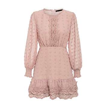 Miessial Women's Long Sleeve Chiffon Lace Mini Dress Cute Ruffle Short Swing Dress (8, Nude Pink)