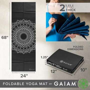 Gaiam Yoga Mat Folding Travel Fitness & Exercise Mat | Foldable Yoga Mat for All Types of Yoga, Pilates & Floor Workouts, Midnight Marrakesh, 2mm