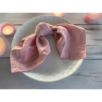 Linen Napkins – 100% French Flax – Stonewashed Pure Linen Cloth Napkins – Mitered Corners – Set of 4 (Soft Pink)