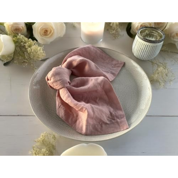 Linen Napkins – 100% French Flax – Stonewashed Pure Linen Cloth Napkins – Mitered Corners – Set of 4 (Soft Pink)