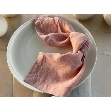 Linen Napkins – 100% French Flax – Stonewashed Pure Linen Cloth Napkins – Mitered Corners – Set of 4 (Soft Pink)
