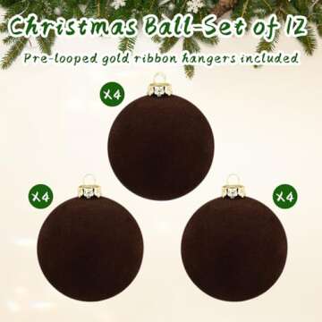 MALOKI Velvet Christmas Ornaments Balls Set 12 Pcs Flocked Shatterproof Plastic Xmas Baubles Christmas Tree Decorations Hanging Ornaments for Home Office Nursery Wedding Party Decor