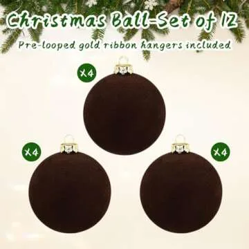 MALOKI Velvet Christmas Ornaments Balls Set 12 Pcs Flocked Shatterproof Plastic Xmas Baubles Christmas Tree Decorations Hanging Ornaments for Home Office Nursery Wedding Party Decor