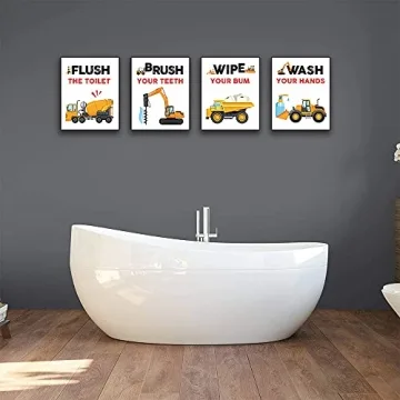 SUUURA-OO Funny Truck Bathroom Art Prints Set of 4(8”X10”), Watercolor Vehicle Paintings Truck Wall Art Poster for Nursery Boys Son Nephew, Car Kids Bathroom Decor, No Frames