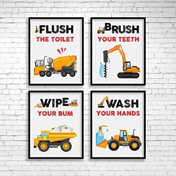 SUUURA-OO Funny Truck Bathroom Art Prints Set of 4(8”X10”), Watercolor Vehicle Paintings Truck Wall Art Poster for Nursery Boys Son Nephew, Car Kids Bathroom Decor, No Frames