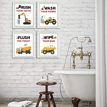 SUUURA-OO Funny Truck Bathroom Art Prints Set of 4(8”X10”), Watercolor Vehicle Paintings Truck Wall Art Poster for Nursery Boys Son Nephew, Car Kids Bathroom Decor, No Frames