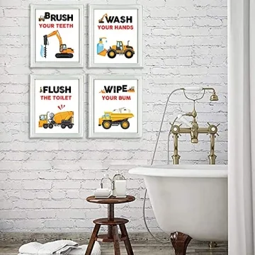 SUUURA-OO Funny Truck Bathroom Art Prints Set of 4(8”X10”), Watercolor Vehicle Paintings Truck Wall Art Poster for Nursery Boys Son Nephew, Car Kids Bathroom Decor, No Frames