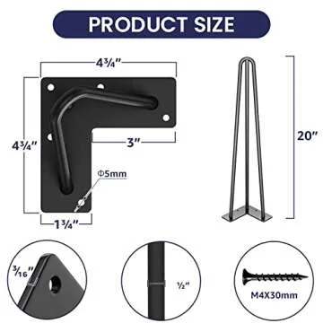 SMARTSTANDARD 20 Inch Hairpin Table Legs, 3 Steel Rods 1/2 Inch Pipe Diameter, 800lbs Load Capacity, Mid-Century Style for Coffee Table, Side Table, Night Stand (Black, 4PCS)