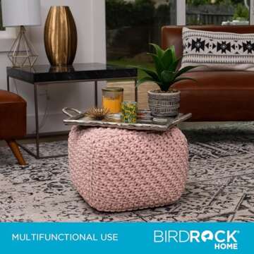 BIRDROCK HOME Square Pouf Ottoman | Cotton Braided Foot Stool with Bean Bag Filling | Boho Foot Rest for Living Room, Bedroom | Compact & Comfortable Seating, Lightweight & Sturdy | Dusty Rose