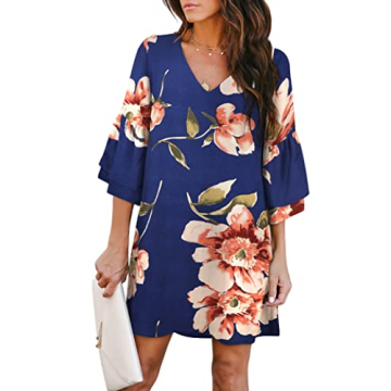 BELONGSCI Women's 2025 Summer Dress Sweet & Cute V-Neck Bell Sleeve Shift Dress Mini Dress, Perfect ...