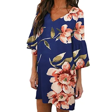 BELONGSCI Summer Dress Cute V-Neck Bell Sleeve Mini Dress