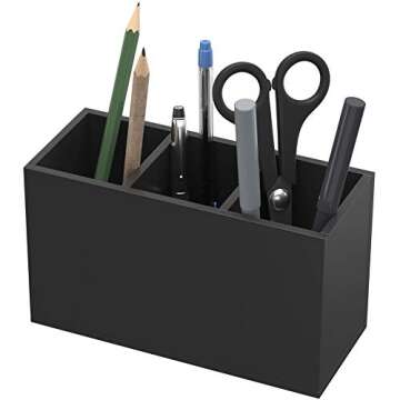 NIUBEE Acrylic Pen Holder 3 Compartments, Black Pencil Organizer Cup for Countertop Desk Accessory Storage