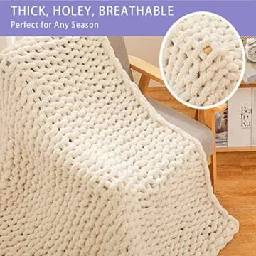 Bigacogo Chunky Knit Throw Blanket for Couch, 51x63 inches, 100% Hand Knitted with Thick Jumbo Chenille Yarn, Cozy Soft Large Rope Knot Cable Crochet Blankets for Sofa Bed Living Room, Beige