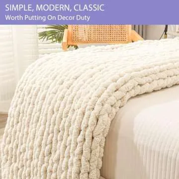 Bigacogo Chunky Knit Throw Blanket for Couch, 51x63 inches, 100% Hand Knitted with Thick Jumbo Chenille Yarn, Cozy Soft Large Rope Knot Cable Crochet Blankets for Sofa Bed Living Room, Beige
