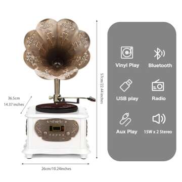 Retro Phonograph Record Player Bluetooth Speaker with with Copper Horn Nostalgic Vintage Vinyl Gramo...