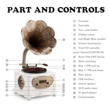 Retro Phonograph Record Player Bluetooth Speaker with with Copper Horn Nostalgic Vintage Vinyl Gramophone Turntable for Home Decoration Aux-in USB (with Record Player White)