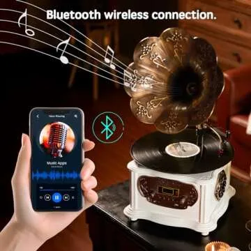 Retro Phonograph Record Player Bluetooth Speaker with with Copper Horn Nostalgic Vintage Vinyl Gramophone Turntable for Home Decoration Aux-in USB (with Record Player White)