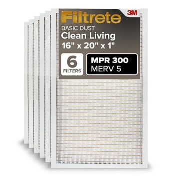 Filtrete 16x20x1 AC Furnace Air Filter, MERV 5, MPR 300, Capture Unwanted Particles, 3-Month Pleated 1-Inch Electrostatic Air Cleaning Filter, 6-Pack (Actual Size15.69x19.69x0.81 in)