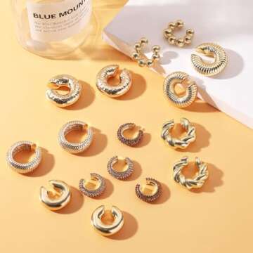 NEWITIN 8 Pairs Chunky Gold Ear Cuff Earrings for Women Trendy Thick Ear Cuffs Non Piercing Clip On Earrings Large Ear Cuffs Ear Cartilage Clip for Women