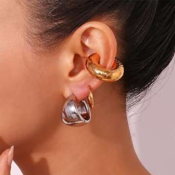 NEWITIN 8 Pairs Chunky Gold Ear Cuff Earrings for Women Trendy Thick Ear Cuffs Non Piercing Clip On Earrings Large Ear Cuffs Ear Cartilage Clip for Women