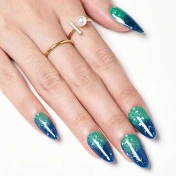 GLAMERMAID Thermochromic Press on Nails Medium-Handmade Short Almond Fake Nails Coffin with Star Glitter Design, Temperature Color Changing Blue Glue on Nails for Women, Acrylic False Nail Kit Tips