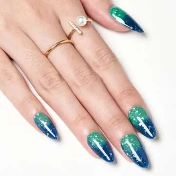 GLAMERMAID Thermochromic Press on Nails Medium-Handmade Short Almond Fake Nails Coffin with Star Glitter Design, Temperature Color Changing Blue Glue on Nails for Women, Acrylic False Nail Kit Tips