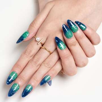 GLAMERMAID Thermochromic Press on Nails Medium-Handmade Short Almond Fake Nails Coffin with Star Glitter Design, Temperature Color Changing Blue Glue on Nails for Women, Acrylic False Nail Kit Tips