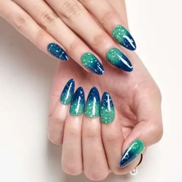 GLAMERMAID Thermochromic Press on Nails Medium-Handmade Short Almond Fake Nails Coffin with Star Glitter Design, Temperature Color Changing Blue Glue on Nails for Women, Acrylic False Nail Kit Tips