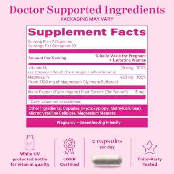 Pink Stork Magnesium Glycinate with Vitamin D - Magnesium Supplement for Women to Support Natural Calm, Mood, and Sleep - Hormone Balance for Women - 60 Capsules, 1 Month Supply