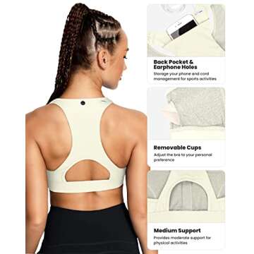 QUEENIEKE Women's Medium Support Back Pocket Energy Sport Bra Cotton Feel Size S Color Lvory WLhite