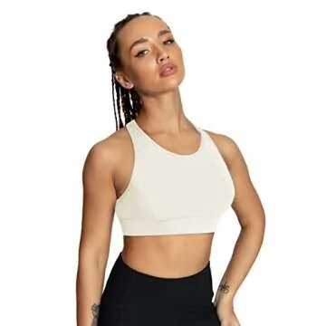 QUEENIEKE Women's Medium Support Back Pocket Energy Sport Bra Cotton Feel Size S Color Lvory WLhite