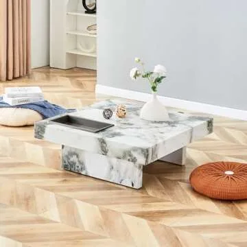 Vohuai Modern Coffee Table, 31” Faux Mrable Coffee Table with Stainless Steel Storage for Living Room.White,Square,Easy Assembly.