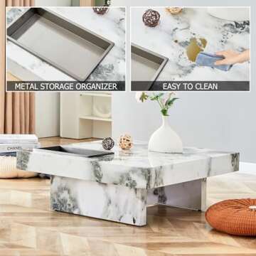 Vohuai Modern Coffee Table, 31” Faux Mrable Coffee Table with Stainless Steel Storage for Living Room.White,Square,Easy Assembly.