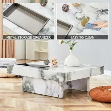 Vohuai Modern Coffee Table, 31” Faux Mrable Coffee Table with Stainless Steel Storage for Living Room.White,Square,Easy Assembly.