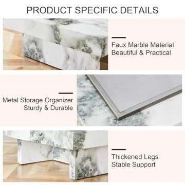 Vohuai Modern Coffee Table, 31” Faux Mrable Coffee Table with Stainless Steel Storage for Living Room.White,Square,Easy Assembly.