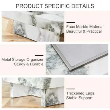 Vohuai Modern Coffee Table, 31” Faux Mrable Coffee Table with Stainless Steel Storage for Living Room.White,Square,Easy Assembly.