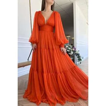Long Sleeve Ball Gown V Neck Prom Dresses for Women Tulle Wedding Dress A-Line Formal Evening Gowns ...