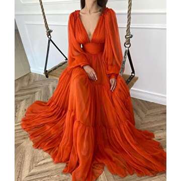 Long Sleeve Ball Gown V Neck Prom Dresses for Women Tulle Wedding Dress A-Line Formal Evening Gowns Tangerine Size 14