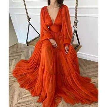 Long Sleeve Ball Gown V Neck Prom Dresses for Women Tulle Wedding Dress A-Line Formal Evening Gowns Tangerine Size 14