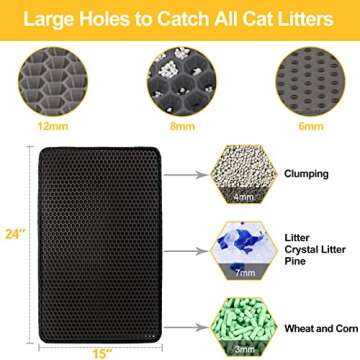 LeToo Cat Litter Mat Black Trapping for Litter Box, No Slip Large, Urine Waterproof, Honeycomb Double Layer Anti Tracking Kitty Mats, No Phthalate, Washable Easy Clean (24" x 15", Black)