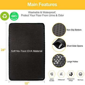 LeToo Cat Litter Mat Black Trapping for Litter Box, No Slip Large, Urine Waterproof, Honeycomb Double Layer Anti Tracking Kitty Mats, No Phthalate, Washable Easy Clean (24" x 15", Black)