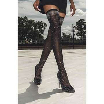Azmodo Women’s Glamorous Thigh High Heeled Boots with Rhinestones