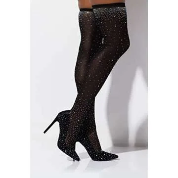 Azmodo Sparkly Thigh High Heeled Boots with Rhinestones