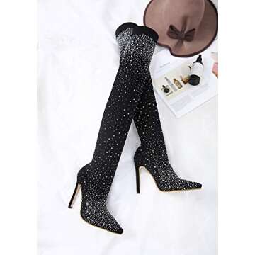 Azmodo Sparkly Thigh High Heeled Boots with Rhinestones