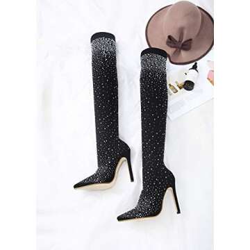Azmodo Sparkly Thigh High Heeled Boots with Rhinestones