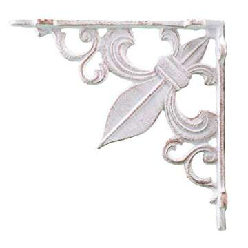 Wall Shelf Bracket Cast Iron Brace Fleur De Lis Distressed White 7.38"