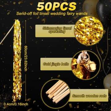 Motionchic 50 Pcs Wedding Fairy Wands with Bells Foil Tinsel Ribbon Stick Wands Tinsel Party Streamers with Bell Glittery Bridal Wedding Send Off Ideas Activities Holiday Celebration Favor(Gold)